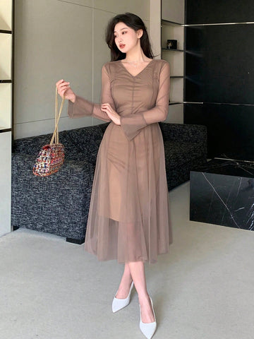DAZY V-Neck Mesh Overlay Bell Sleeve Dress