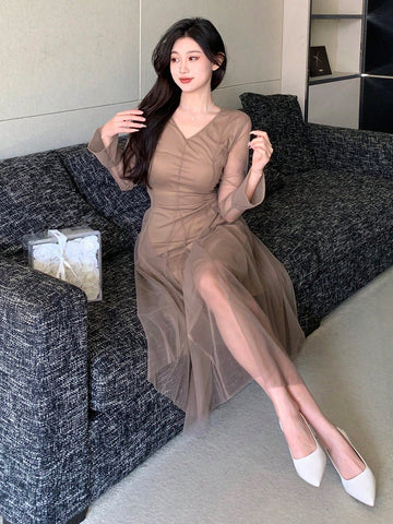 DAZY V-Neck Mesh Overlay Bell Sleeve Dress