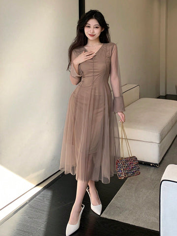 DAZY V-Neck Mesh Overlay Bell Sleeve Dress