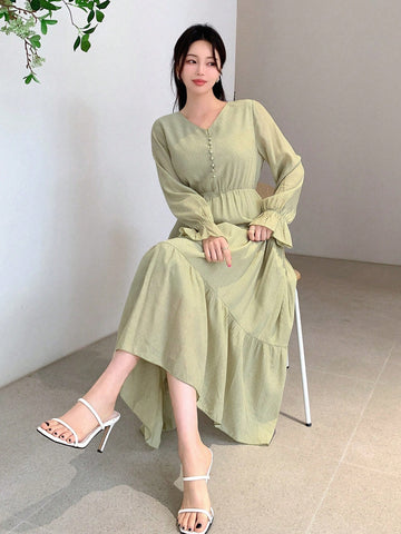 DAZY V-Neck Ruffled Hem Long Sleeve Dress
