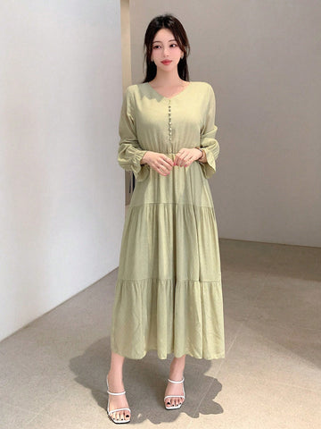 DAZY V-Neck Ruffled Hem Long Sleeve Dress