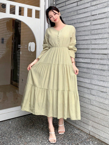 DAZY V-Neck Ruffled Hem Long Sleeve Dress