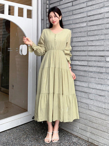 DAZY V-Neck Ruffled Hem Long Sleeve Dress