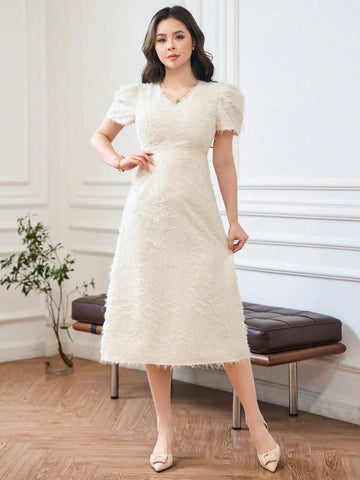 DAZY V-Neck Solid Fuzzy Bubble Sleeve Dress