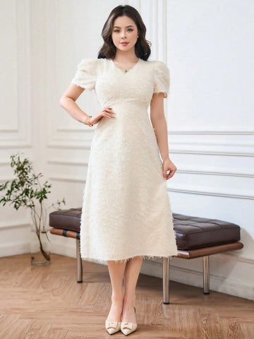 DAZY V-Neck Solid Fuzzy Bubble Sleeve Dress