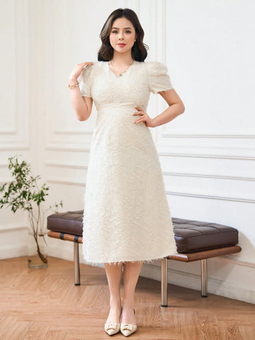 DAZY V-Neck Solid Fuzzy Bubble Sleeve Dress
