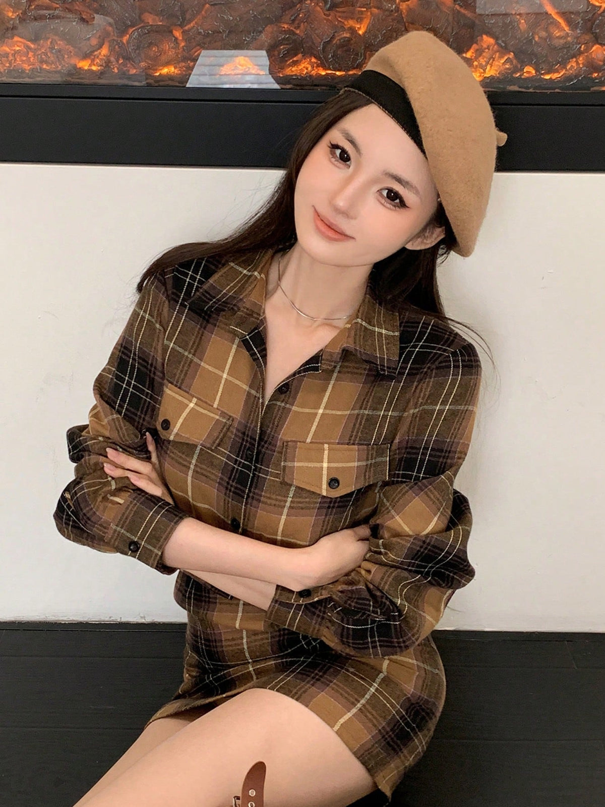 DAZY Vintage Plaid Mock 2-Piece Shirt & Skirt Patchwork Women Short Dress