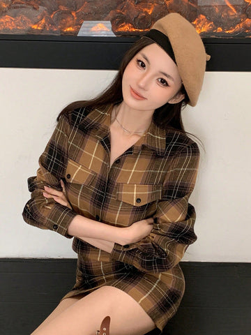 DAZY Vintage Plaid Mock 2-Piece Shirt & Skirt Patchwork Women Short Dress