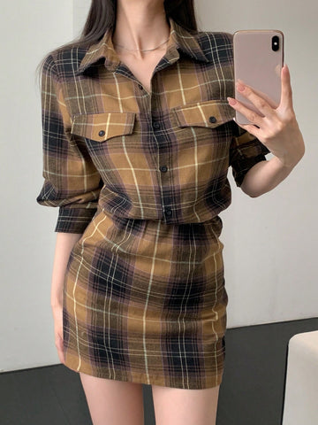 DAZY Vintage Plaid Mock 2-Piece Shirt & Skirt Patchwork Women Short Dress