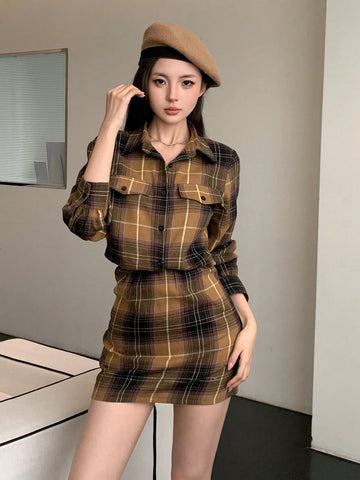DAZY Vintage Plaid Mock 2-Piece Shirt & Skirt Patchwork Women Short Dress