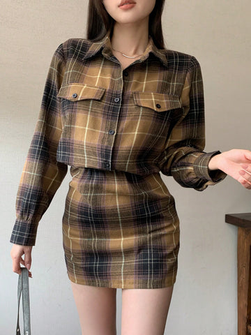 DAZY Vintage Plaid Mock 2-Piece Shirt & Skirt Patchwork Women Short Dress