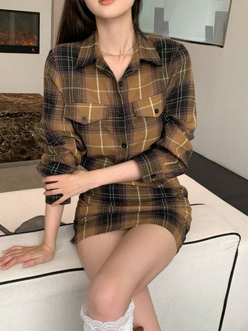 DAZY Vintage Plaid Mock 2-Piece Shirt & Skirt Patchwork Women Short Dress