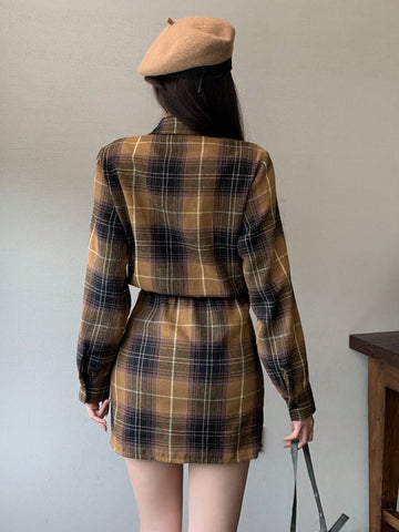 DAZY Vintage Plaid Mock 2-Piece Shirt & Skirt Patchwork Women Short Dress