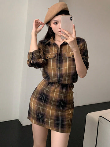 DAZY Vintage Plaid Mock 2-Piece Shirt & Skirt Patchwork Women Short Dress