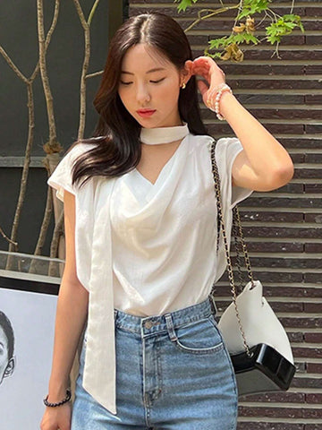 DAZY Women'S Elegant Drape Neck Tie Waist Solid Color Blouse