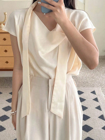 DAZY Women'S Elegant Drape Neck Tie Waist Solid Color Blouse