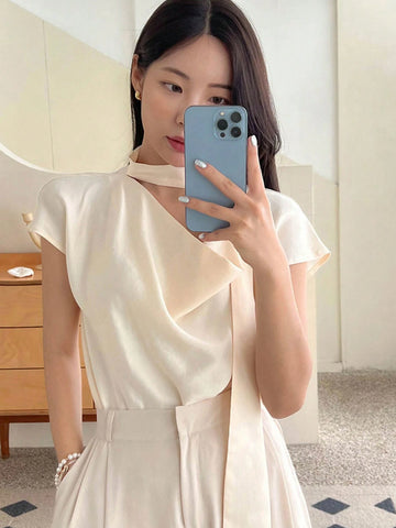 DAZY Women'S Elegant Drape Neck Tie Waist Solid Color Blouse
