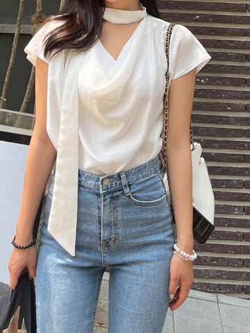 DAZY Women'S Elegant Drape Neck Tie Waist Solid Color Blouse