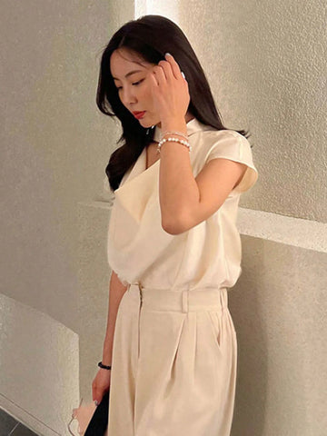 DAZY Women'S Elegant Drape Neck Tie Waist Solid Color Blouse