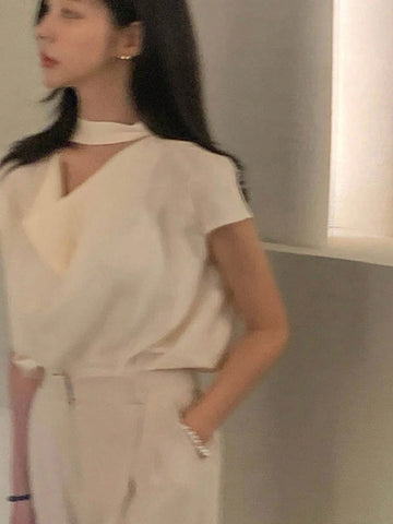 DAZY Women'S Elegant Drape Neck Tie Waist Solid Color Blouse