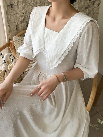 DAZY Women'S Elegant Long Lace Patchwork Sailor Collar Dress