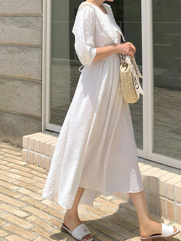 DAZY Women'S Elegant Long Lace Patchwork Sailor Collar Dress