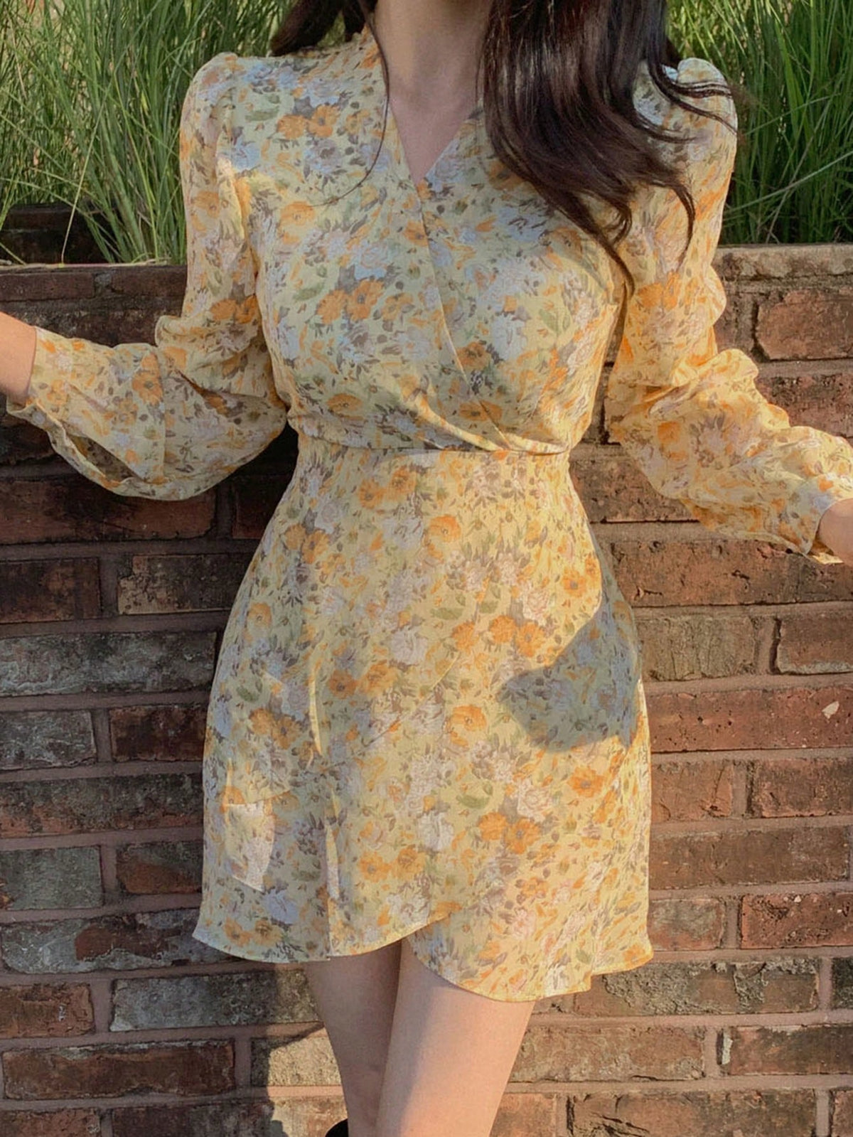 DAZY Women'S Floral Print Wrap Collar Dress