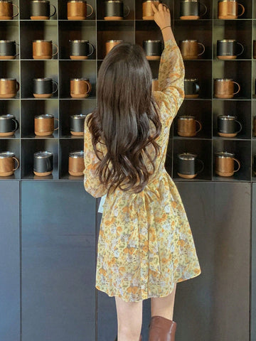 DAZY Women'S Floral Print Wrap Collar Dress