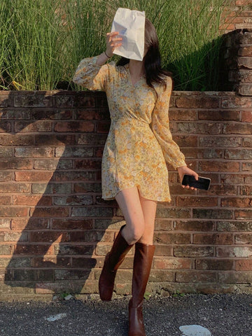 DAZY Women'S Floral Print Wrap Collar Dress