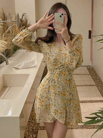 DAZY Women'S Floral Print Wrap Collar Dress