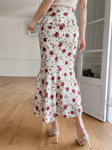 DAZY Women'S Floral Printed Asymmetrical Hem Skirt With Ruffle And Side Slit Detail