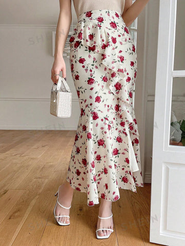 DAZY Women'S Floral Printed Asymmetrical Hem Skirt With Ruffle And Side Slit Detail