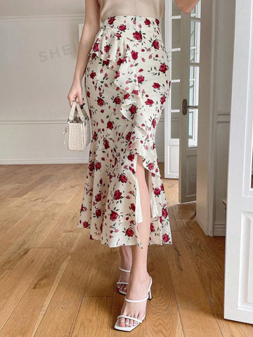 DAZY Women'S Floral Printed Asymmetrical Hem Skirt With Ruffle And Side Slit Detail