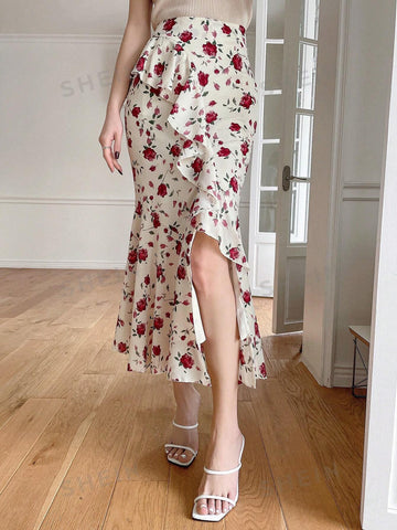 DAZY Women'S Floral Printed Asymmetrical Hem Skirt With Ruffle And Side Slit Detail