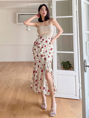 DAZY Women'S Floral Printed Asymmetrical Hem Skirt With Ruffle And Side Slit Detail