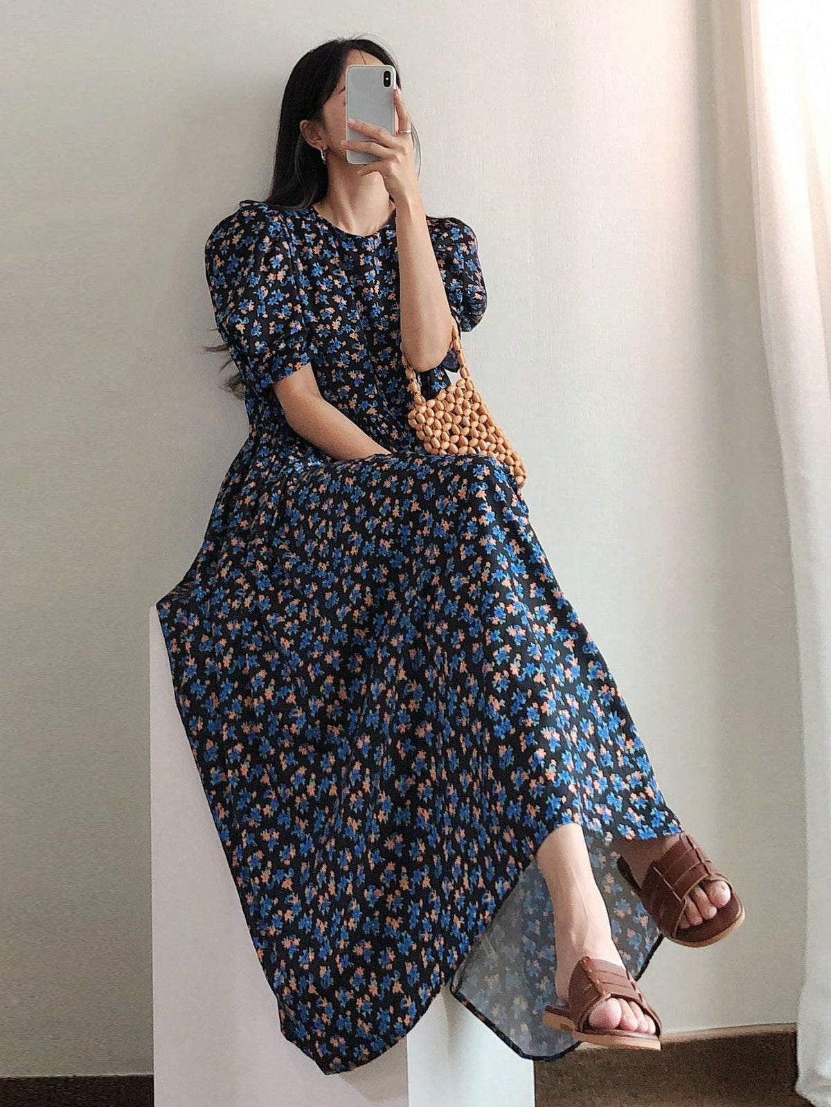 DAZY Women'S Full Print Floral Puff Sleeve Dress