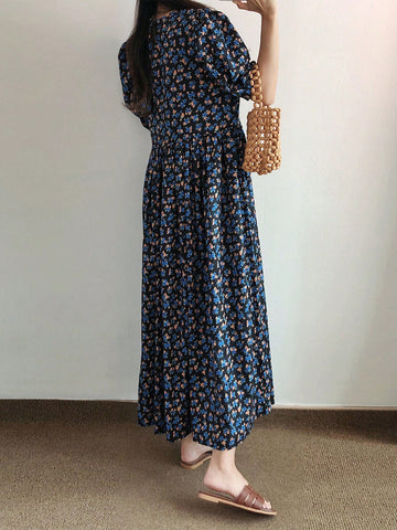 DAZY Women'S Full Print Floral Puff Sleeve Dress