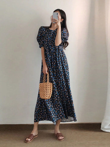 DAZY Women'S Full Print Floral Puff Sleeve Dress