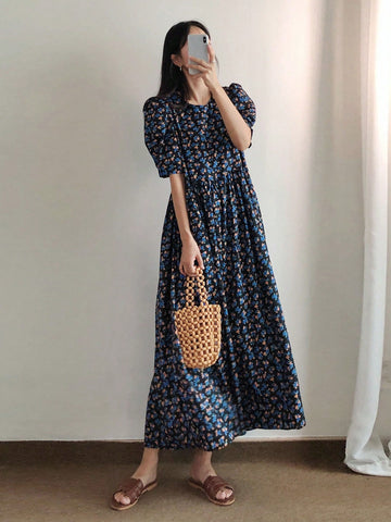 DAZY Women'S Full Print Floral Puff Sleeve Dress