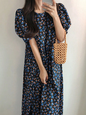 DAZY Women'S Full Print Floral Puff Sleeve Dress