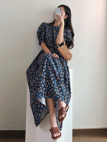 DAZY Women'S Full Print Floral Puff Sleeve Dress