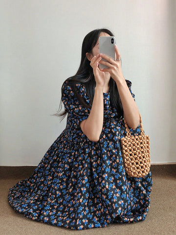 DAZY Women'S Full Print Floral Puff Sleeve Dress