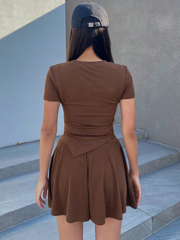 DAZY Women'S Hollow Out Irregular Hem Short Sleeve T-Shirt And Shorts Set