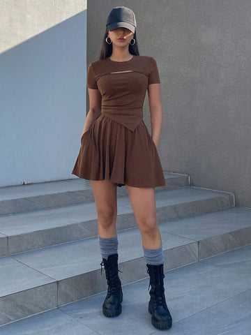 DAZY Women'S Hollow Out Irregular Hem Short Sleeve T-Shirt And Shorts Set