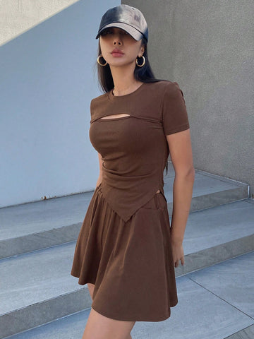 DAZY Women'S Hollow Out Irregular Hem Short Sleeve T-Shirt And Shorts Set