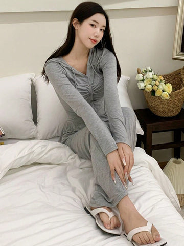 DAZY Women'S Hooded Solid Color Drawstring Top And Pants Two Piece Set