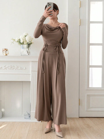 DAZY Women'S Long Sleeve Tee With Drape Neck And Wide Leg Pants 2 Piece Set