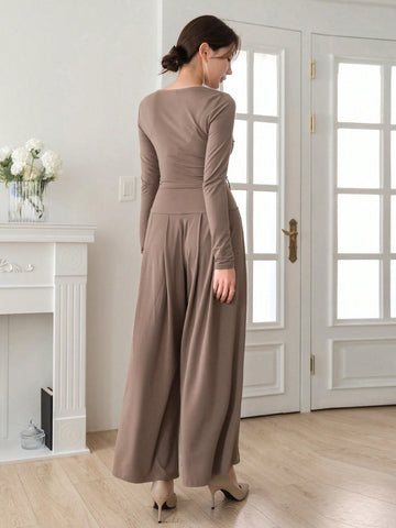 DAZY Women'S Long Sleeve Tee With Drape Neck And Wide Leg Pants 2 Piece Set