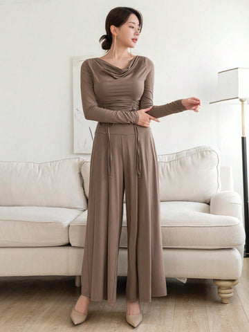 DAZY Women'S Long Sleeve Tee With Drape Neck And Wide Leg Pants 2 Piece Set