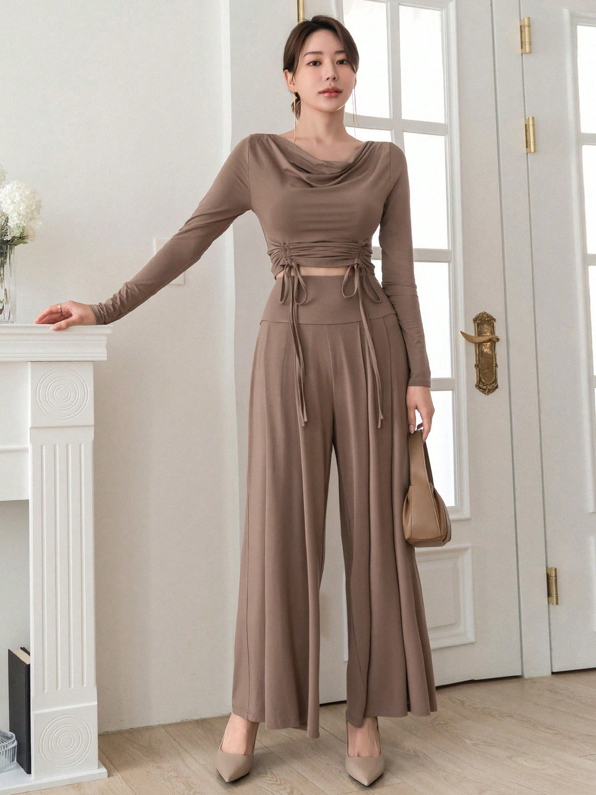 DAZY Women'S Long Sleeve Tee With Drape Neck And Wide Leg Pants 2 Piece Set